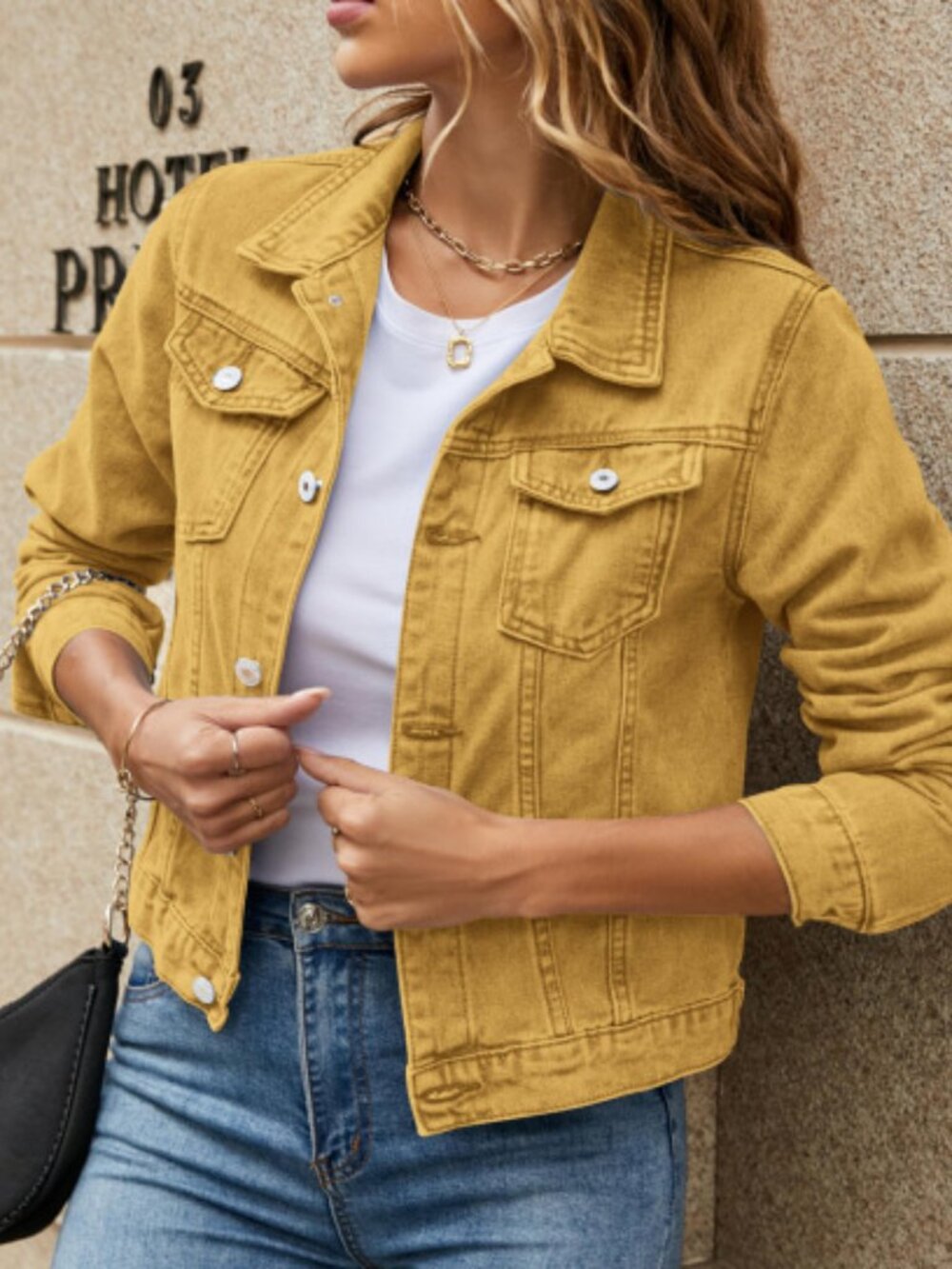 Women’s Khaki Slim Lapel Denim Jacket Long Sleeve Casual Commuter Jean Coat